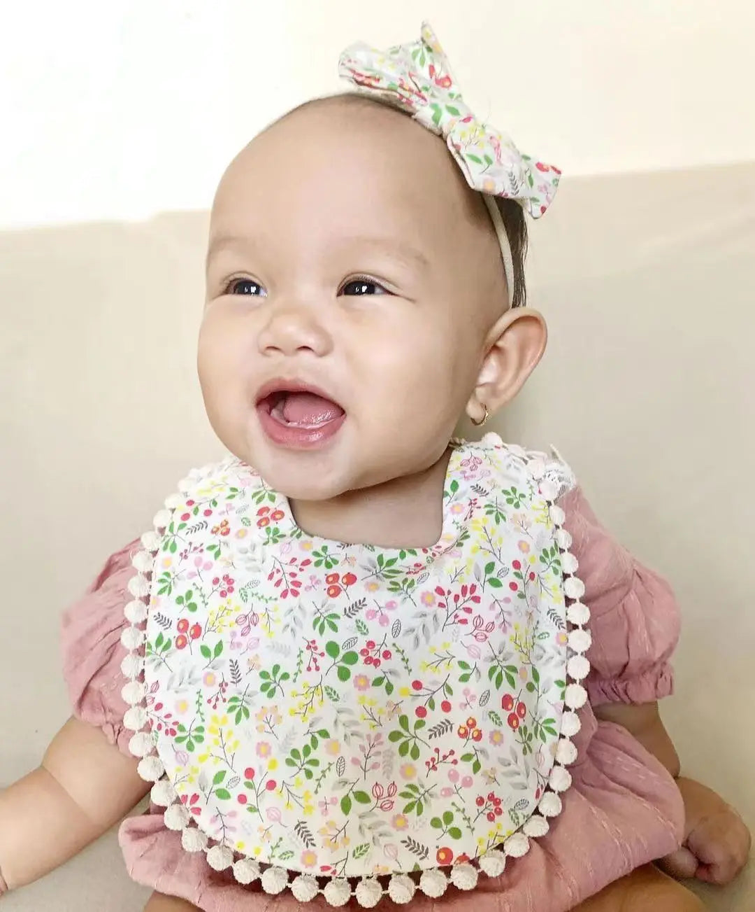Flower Print Cotton Linen Baby Girl Bibs Elastic Nylon Headband