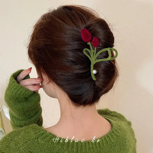 Velvet Tulip Pearl Hair Claw - Wine Red Flower Hair Clips