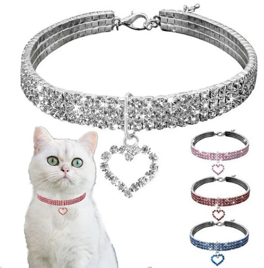 Three Row Elastic Rhinestone Pet Collars - Love Decoration Necklace For Kitten