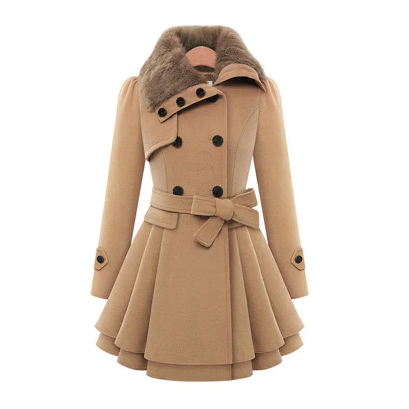 Woolen Coat Slim Trench Coats Fur Collar