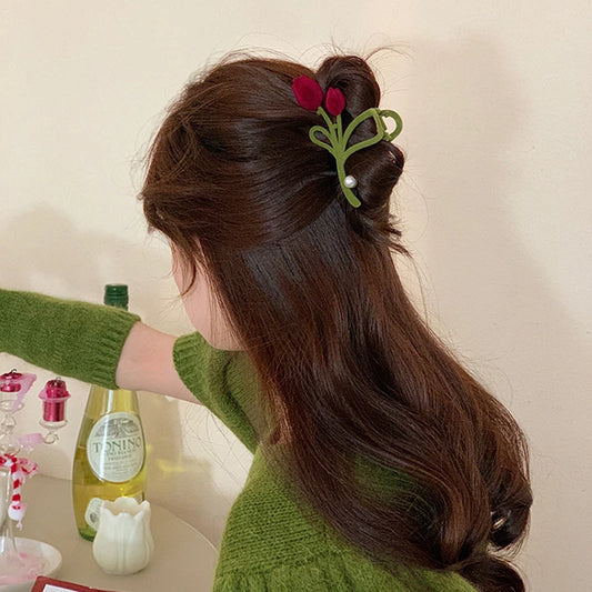 Griffe à cheveux en perles de tulipe en velours - Pinces à cheveux à fleurs rouge vin