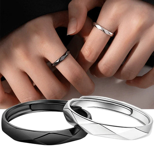Black White Lozenge Couple Rings Set Open Adjustable Ring