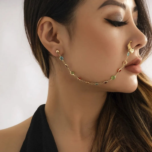 Women Nose Clip Earrings Geometric Tassel Chain