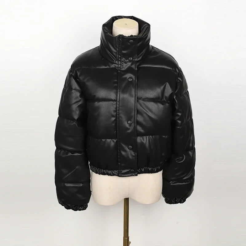 Black Leather Winter Parka Women Jacket