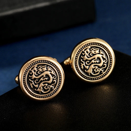 Dragon Totem Round Cufflinks for Men – Vintage Engraved Shirt Sleeve Buttons