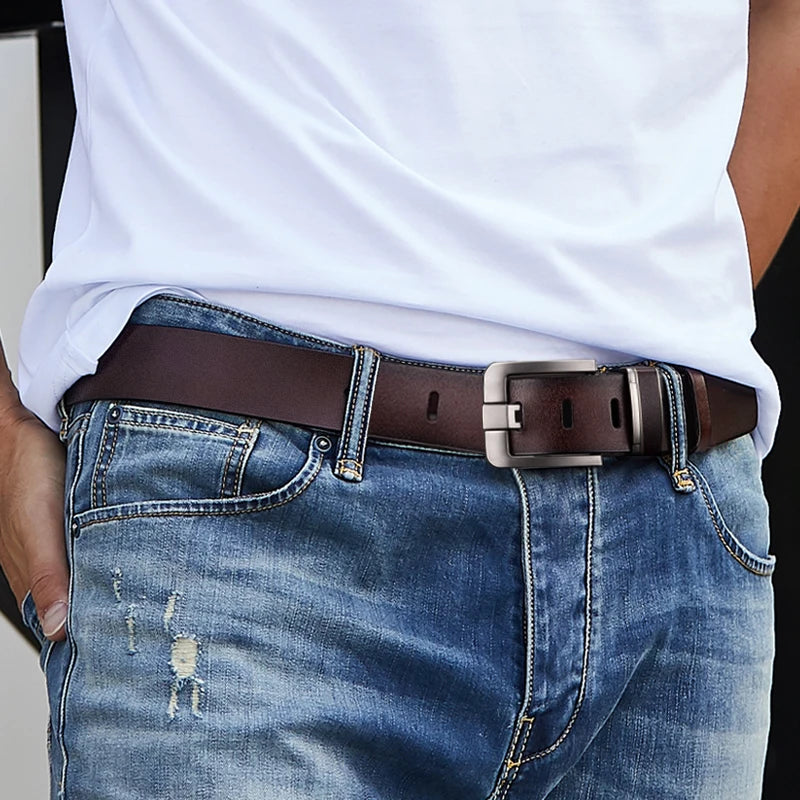 Men's Casual Leather Belt with Metal Pin Buckle