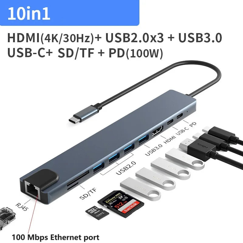 Dock Adapter HDMI-compatible VGA RJ45 Splitter PD Charge Type-C USB