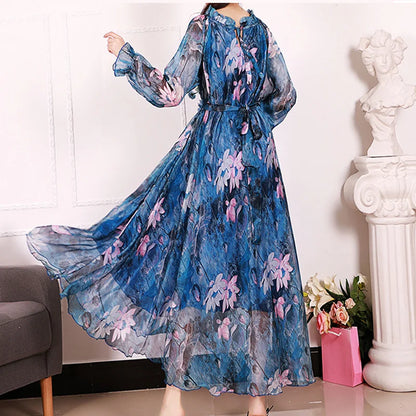 Floral Print Long Sleeve Maxi Loose Chiffon Dresses