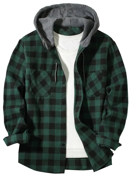 Men's Double Pockets Plaid Hooded Flannel Shirt Jacket