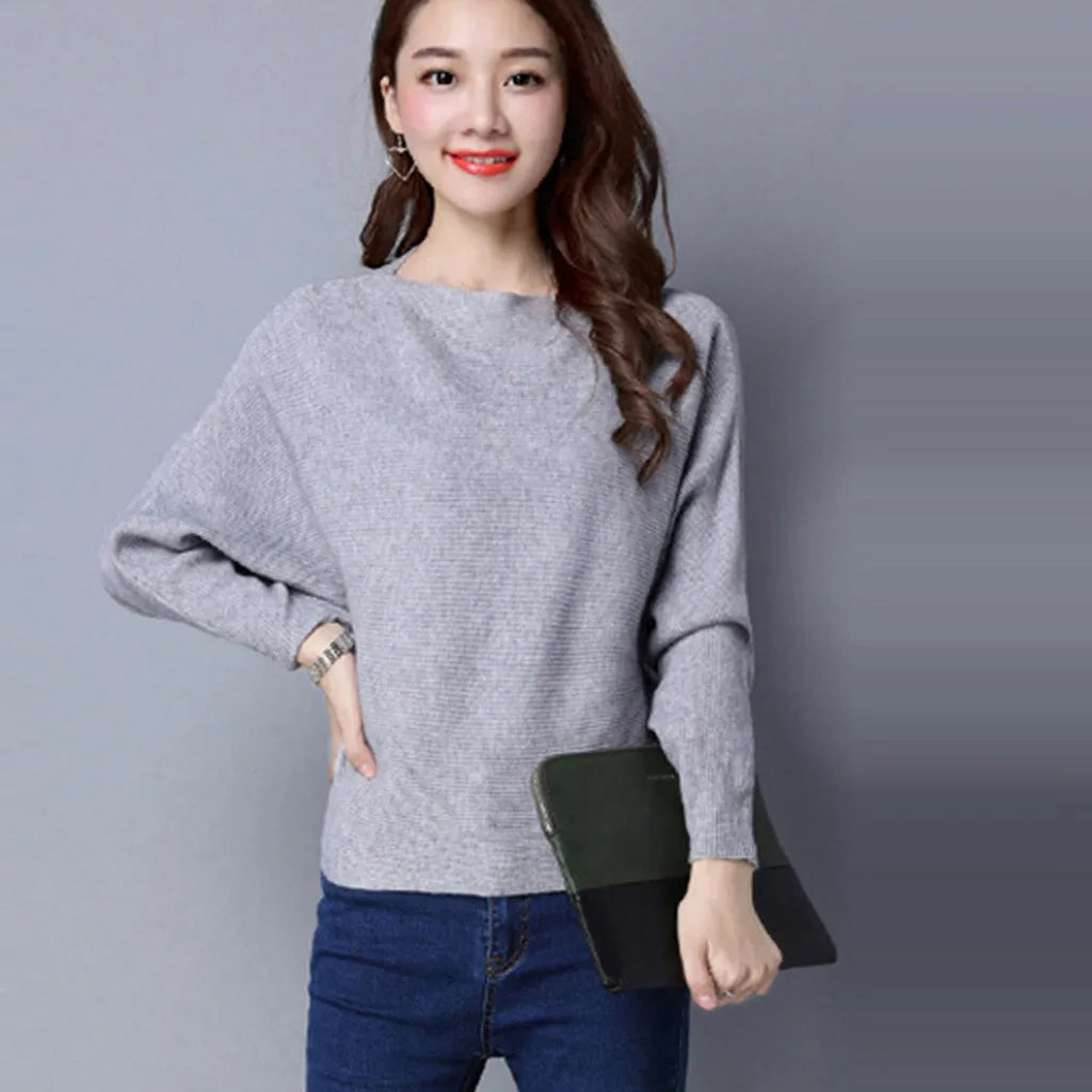 Women Winter Batwing Sleeve Jumper Slash Neck Sweater