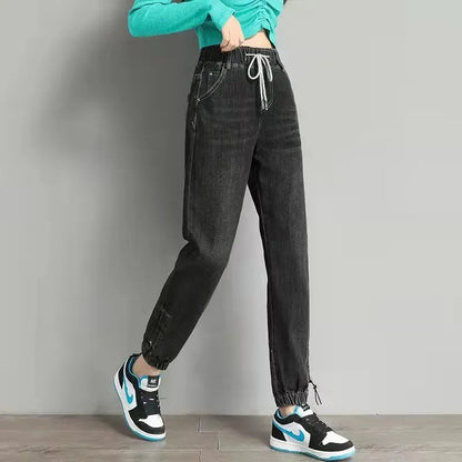 High Waist Drawstring Harem Baggy Jeans - Denim Trousers