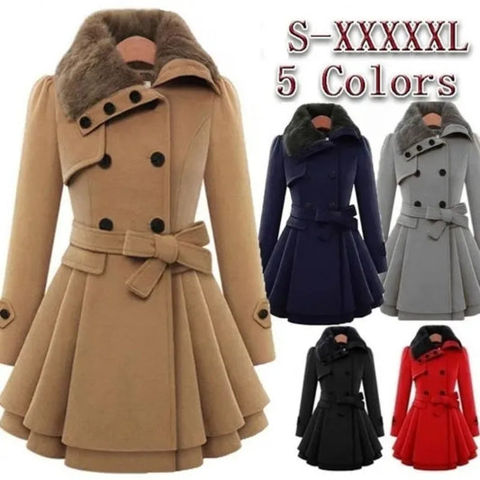 Woolen Coat Slim Trench Coats Fur Collar