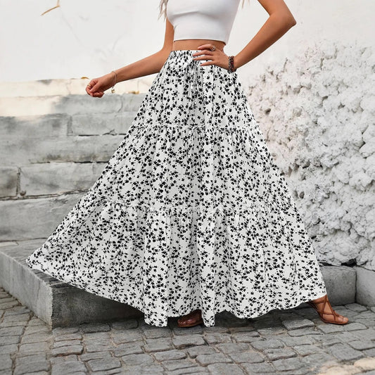 Women Mesh Floral Big Swing Elastic High Waisted Skirt