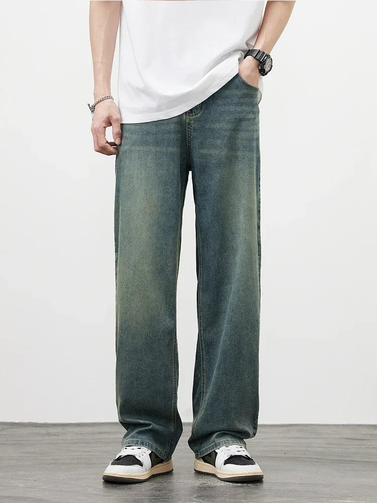 Jean en denim à lisière brute coupe droite décontractée pour hommes
