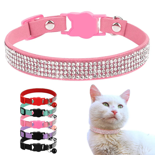 Soft Suede Leather Collar For Cat - Bling Rhinestone Cats Collars with Bell