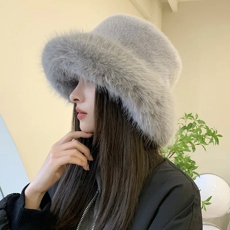 Faux Fur Fluffy Bucket Hat Soft Cap for Women