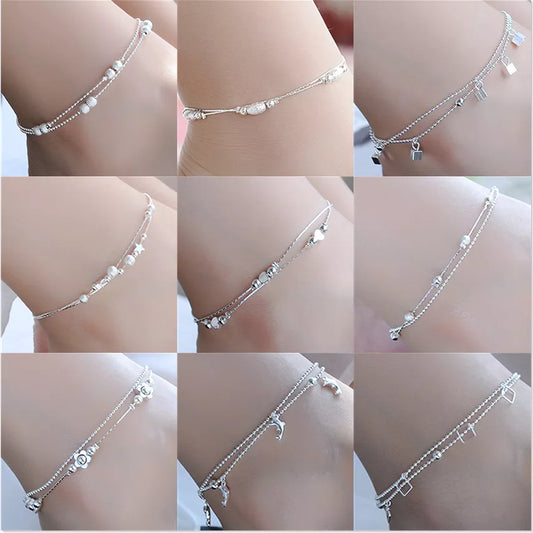 Double Layers Silver Color Anklets For Women