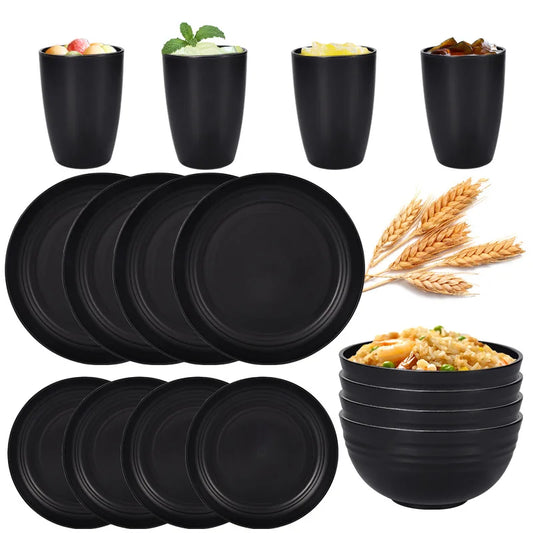 16pcs Black Cutlery Set with Plates & Cups