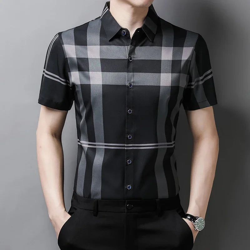 Kurzarm-Business-Casual-Hemd für Herren mit Karomuster und Knopfleiste – Leichtes Karohemd