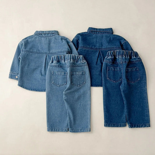Kids Turn-Down Collar Denim Outfit Set