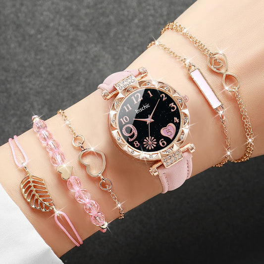 6PCS Women Watch & Bracelet Set – Leather Band Rhinestone Heart Dial Quartz Wrist Watch