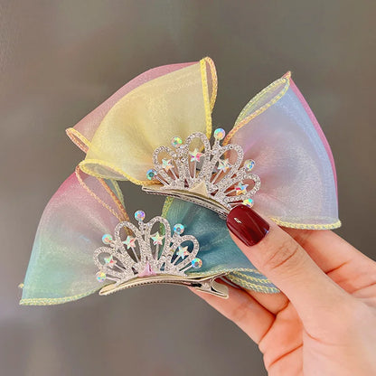 Pastel Rainbow Hair Bows Gradient Color Princess Crown Hair Clips