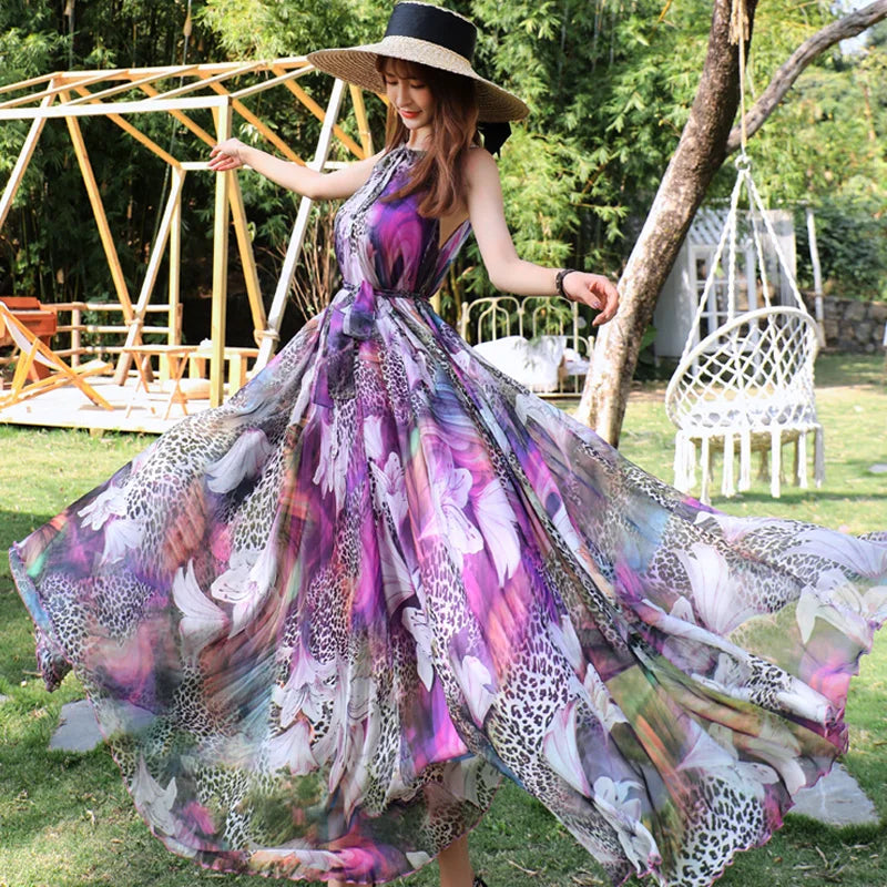 Floral Summer Sleevelss Boho Maxi Dress for Women