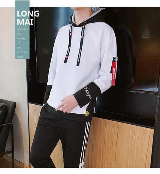 Men's Long Sleeve Fake Two Piece Hoodie Sweatshirt