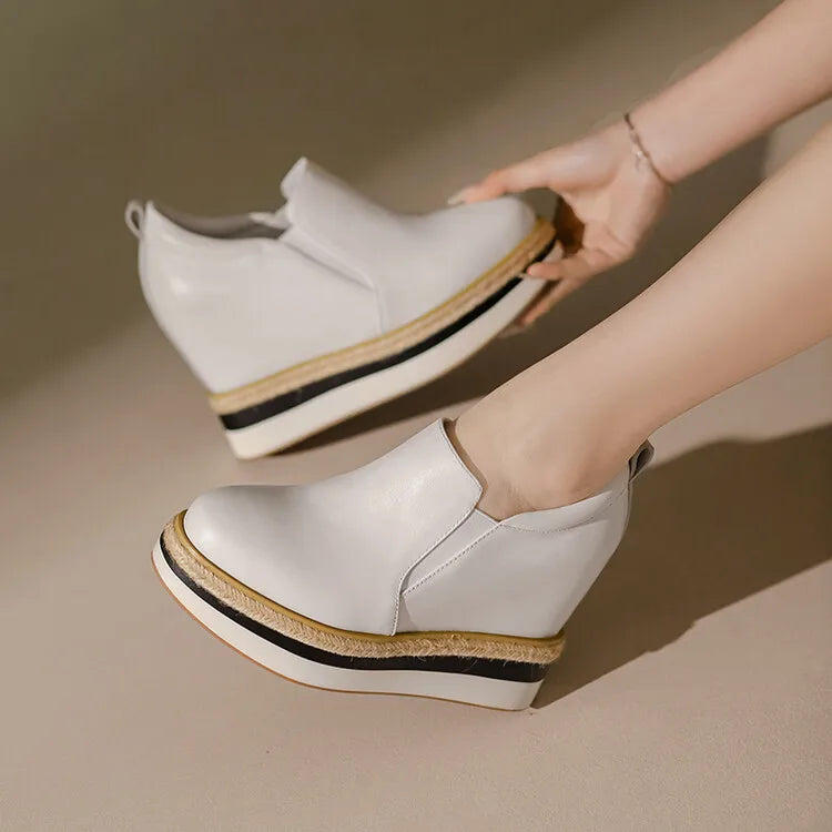 Womens Handmade Genuine Leather Platform Wedge Sneakers
