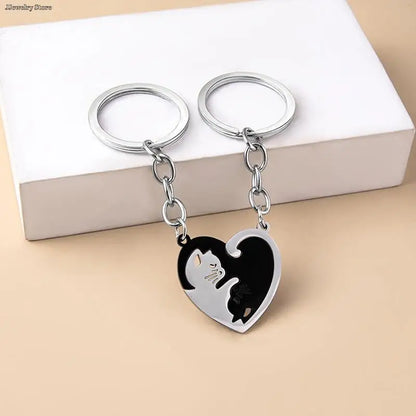 Patchwork Heart Black Cat Keychain Couples Set