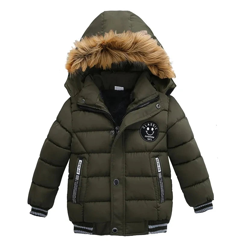 Boys Jacket Warm Fur Collar Coat Hooded Zipper Outerwear