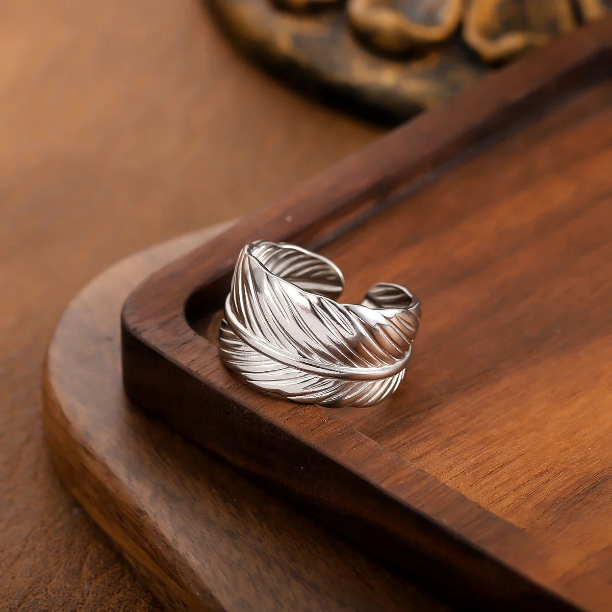 Waterproof Stainless Steel Non‑Fading Gold Plated Feather Adjustable Ring