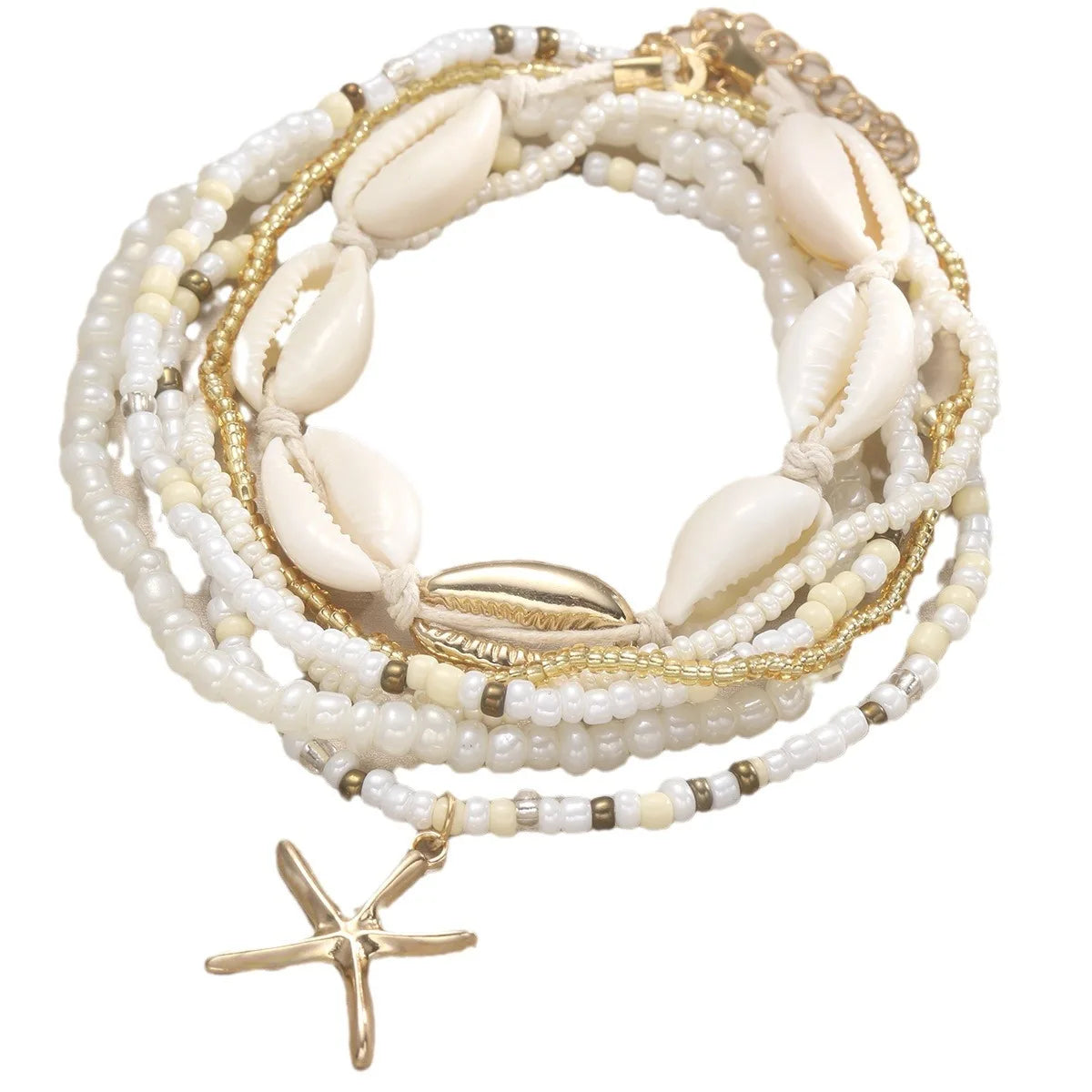 Women's Bohemian Starfish & Seashell Ankle Bracelet Set – Multilayer Rice Beads Beach Ankle Bracelets
