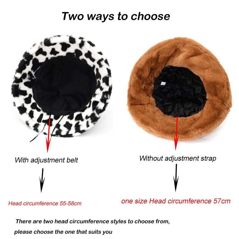 Winter Cow Leopard Faux Fur Fluffy Bucket Hats For Women