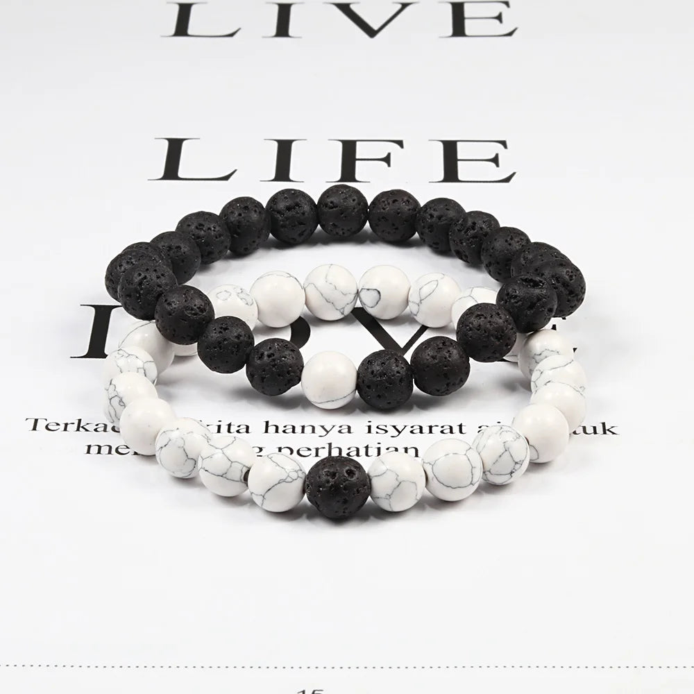 Black, White, and Natural Stone Couples Bracelet Set