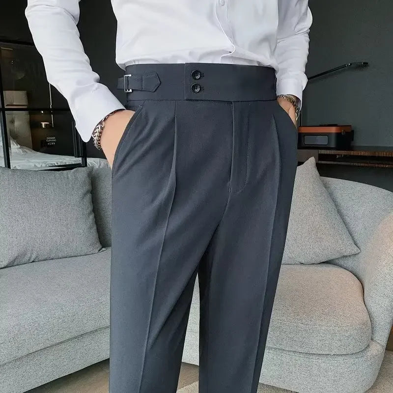 Men’s Classic Slim Fit Office Trousers - High Waist Vintage Pants