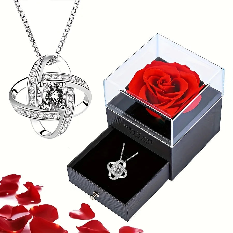 Valentinstag Geschenk Luxus rote Herz Halskette mit Rose Geschenkbox