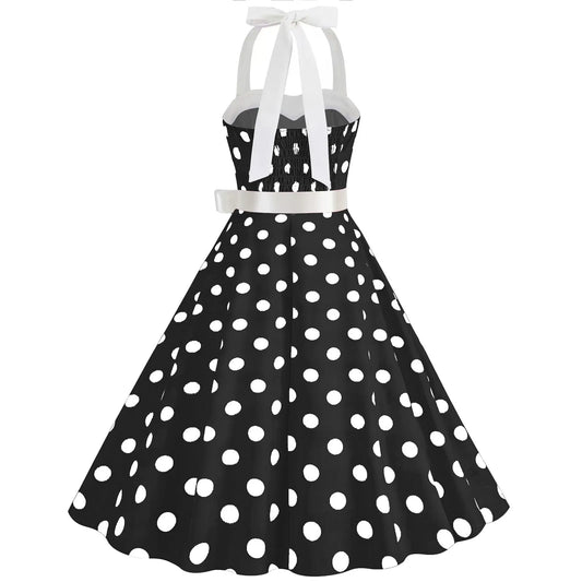 Women Sundress Lace-up Backless Polka Dot Pleated Midi Dress
