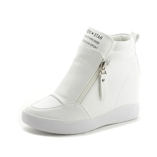 High Top Side Zip White Platform Wedge Sneakers with Hidden Heel