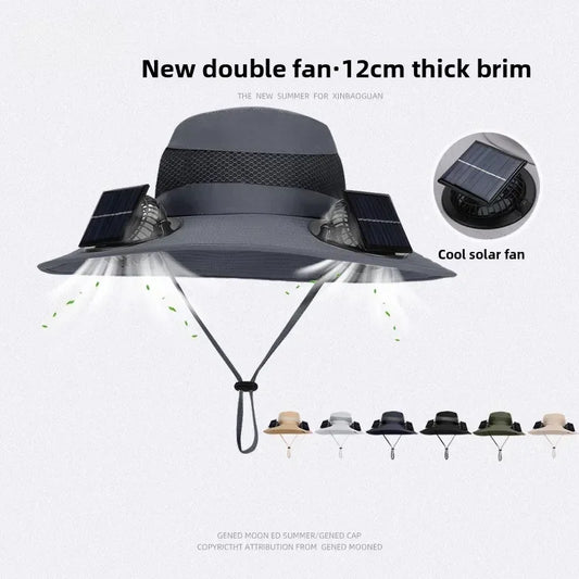 Men’s Wide Brim Sun Hat with Dual Fan – 12CM UV Protection Fishing Bucket Hat