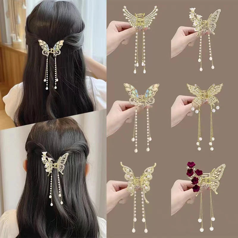 Rhinestone Butterfly Fringe Hair Clips - Metal Headdress