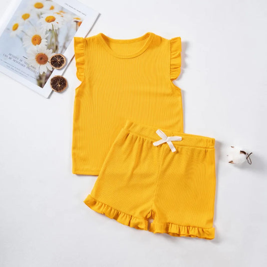 New Girls Solid Sets Casual Sleeveless Tops+ Short Pants Suits
