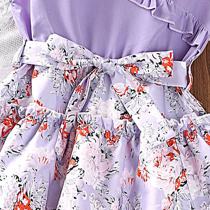 Girl's short-sleeved stitched floral dress