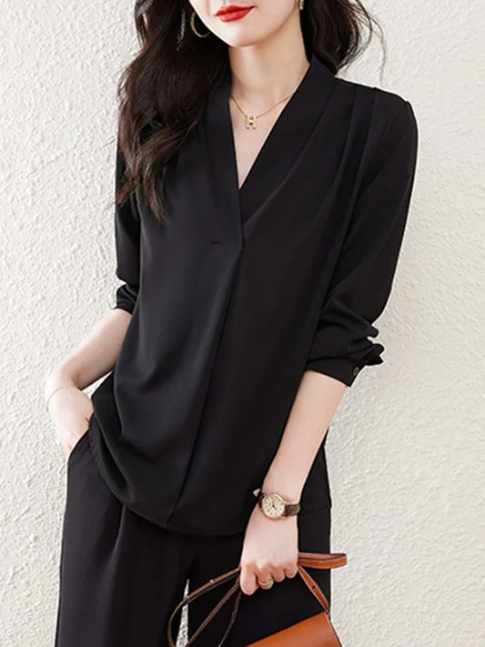 Women's V-Neck Chiffon Long Sleeve Blouse