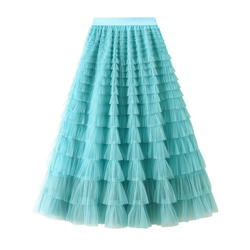 A-Line Mesh Ruffle Sweet Long Women's Skirt