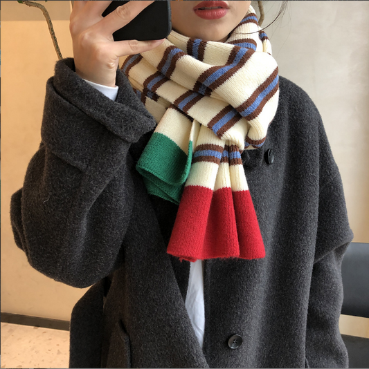 Contrast Striped Knitted Warm Wool Scarf
