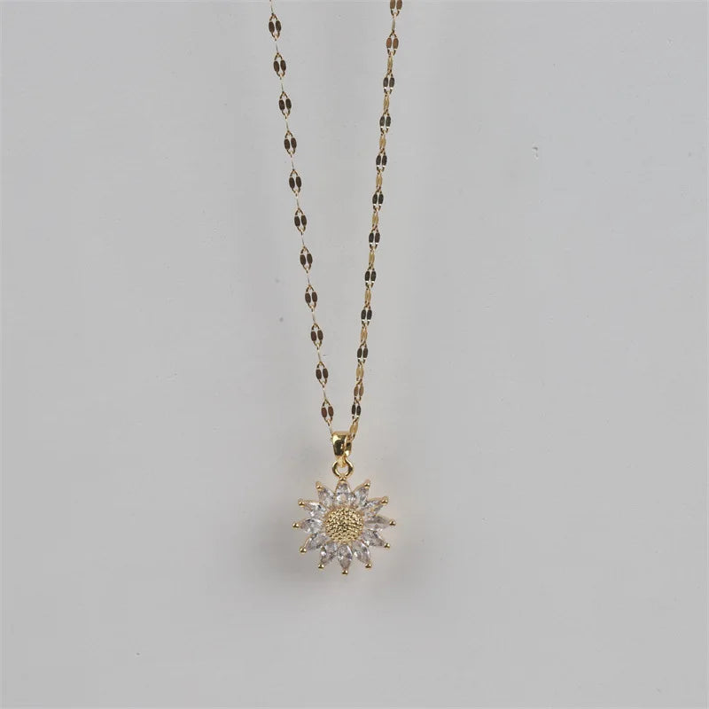 1PCS Gold Necklace Flower Pendant Inlaid Zirconia Titanium Steel Chain