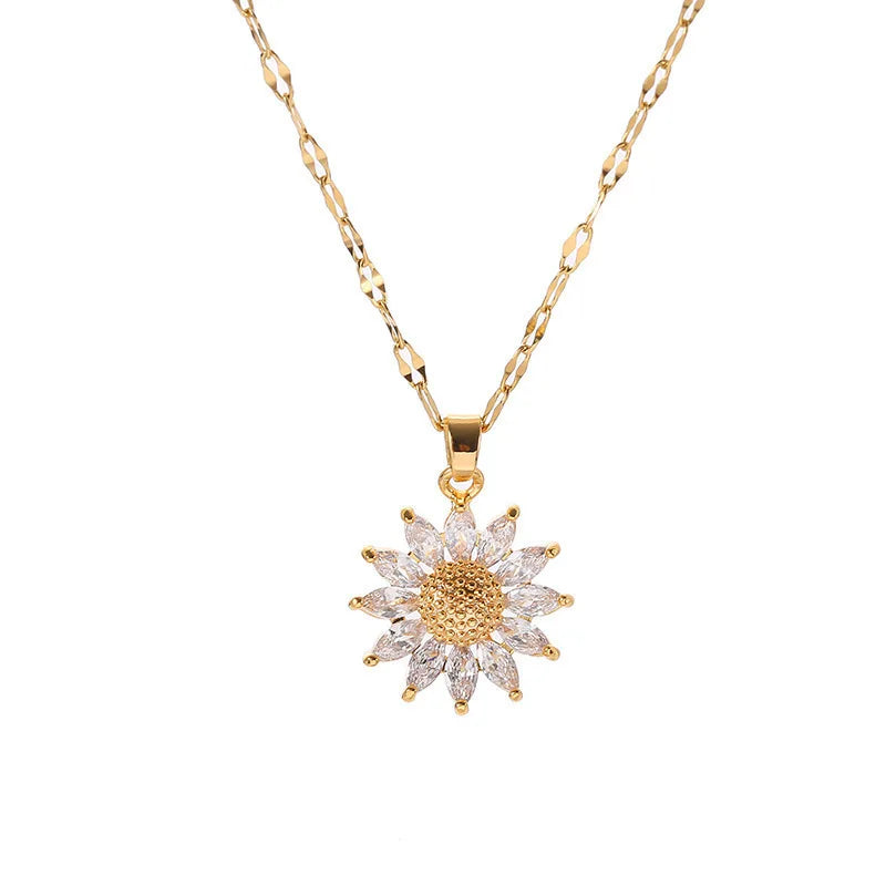 1PCS Gold Necklace Flower Pendant Inlaid Zirconia Titanium Steel Chain