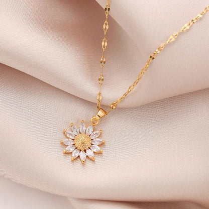 1PCS Gold Necklace Flower Pendant Inlaid Zirconia Titanium Steel Chain