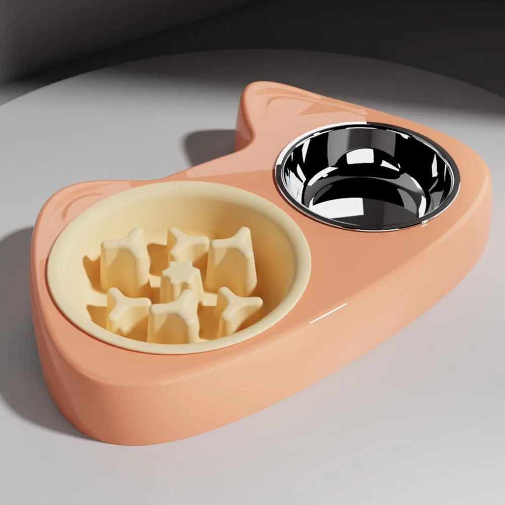 2-in-1 StainlessSteel Anti-Choking Slow Feeder Cat Bowl